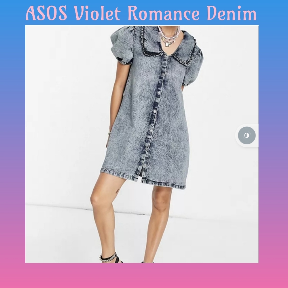 Also Violet Romance Denim mini Dress With Collars in Acid Wash bBlue